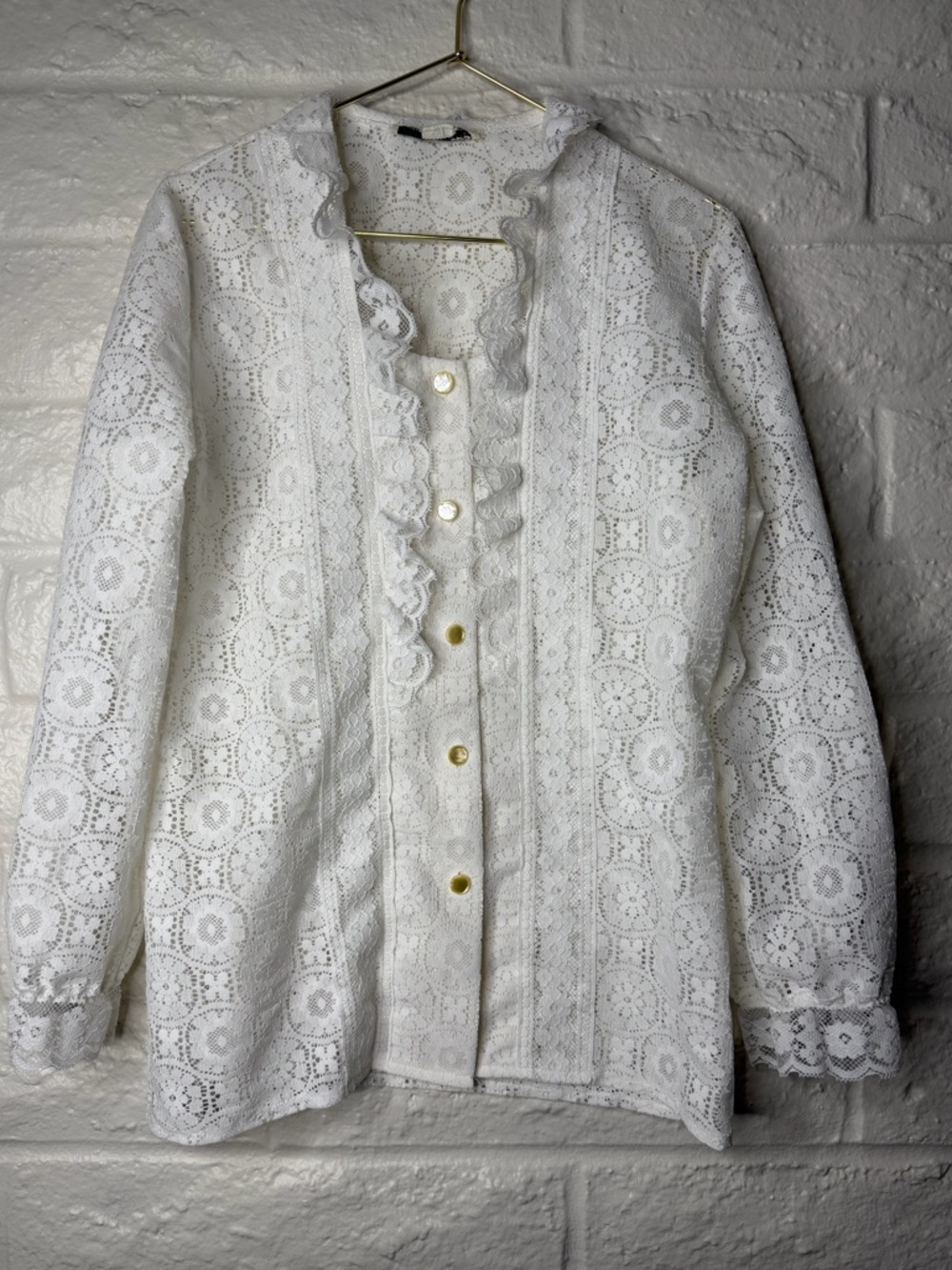 Vintage 70’s White Lace Button Up Blouse With Collar and Ruffled Sleeve